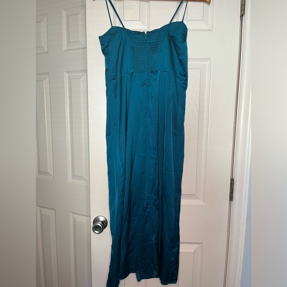 A&F satin high slit midi dress spaghetti strap Camille M party holiday teal - Picture 11 of 11